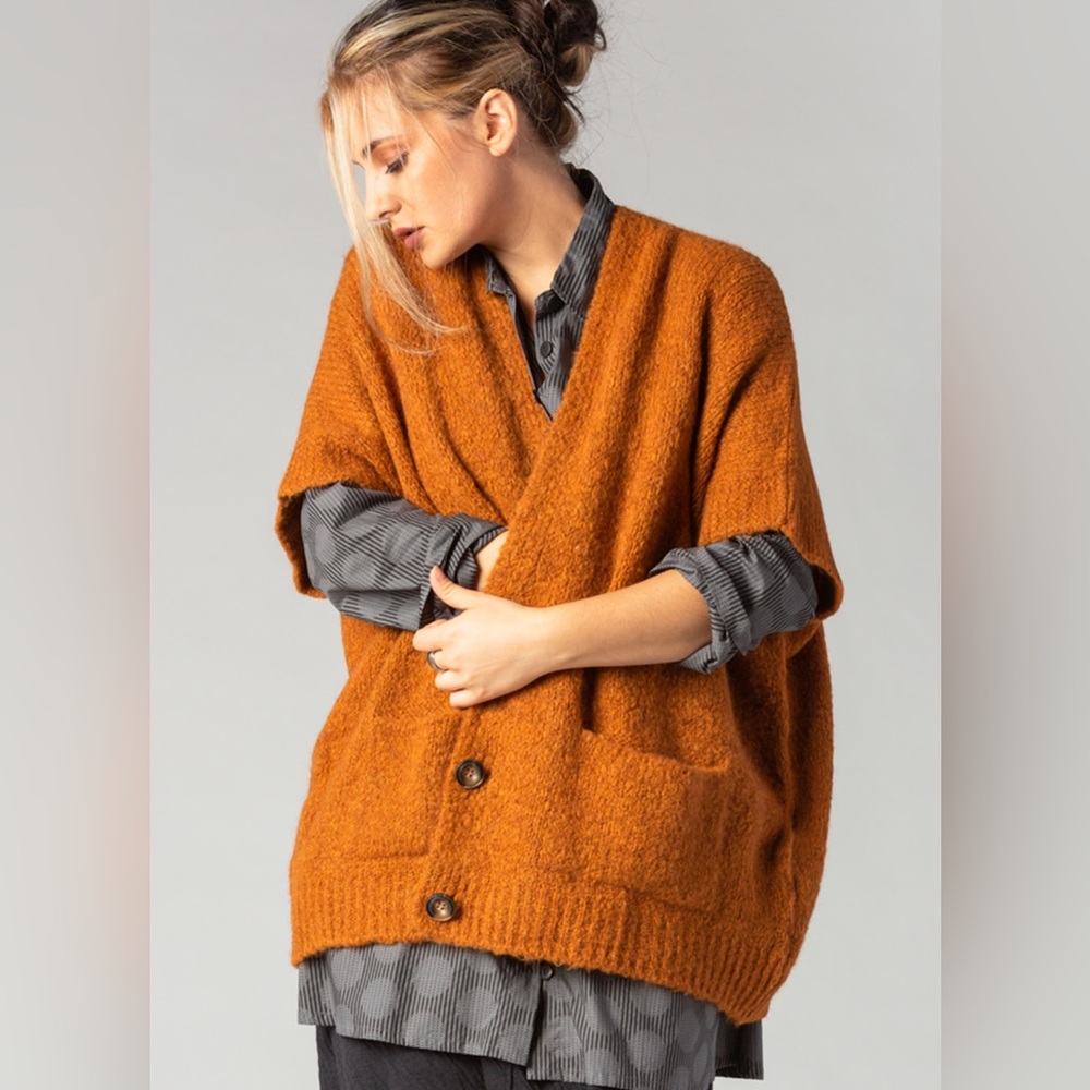 Oversized Rust Orange V-Neck Button Cardigan Sweater